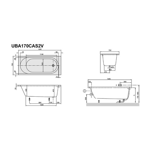 VILLEROY ET BOCH - Baignoire droite avec pieds 170 x 75 cm O.Novo Blanc + Pare Bain gauche AURYS Mist 1 chromé - large