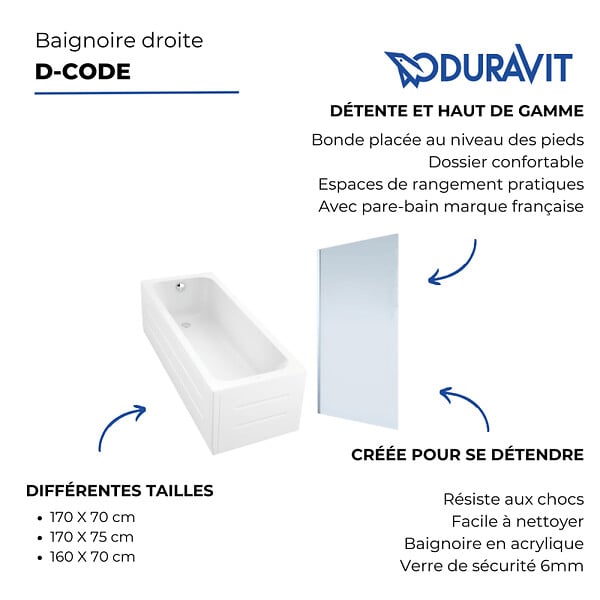 DURAVIT - Baignoire droite D-Code 170 x 70 cm + Pare bain droit AURYS Mist 1 chromé - large