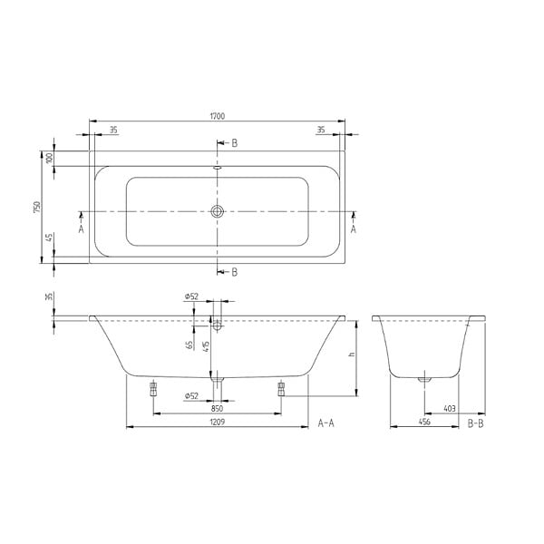 VILLEROY ET BOCH - Baignoire droite Architectura avec pieds 170 x 75 cm Blanc + Pare Bain gauche AURYS Mist 1 chromé - large