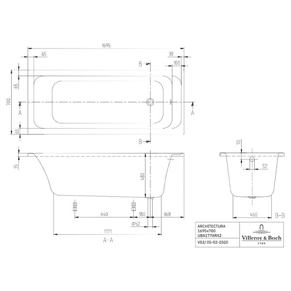 VILLEROY ET BOCH - Baignoire droite Architectura acrylique 170 x 70 cm  + Pare bain gauche AURYS Mist 1 chromé - large