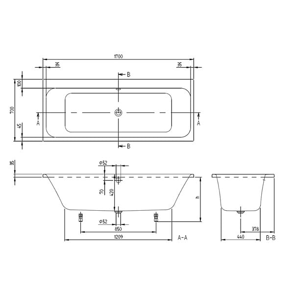 VILLEROY ET BOCH - Baignoire droite Architectura avec pieds 170 x 70 cm Blanc + Pare bain droite AURYS Raywall chromé - large
