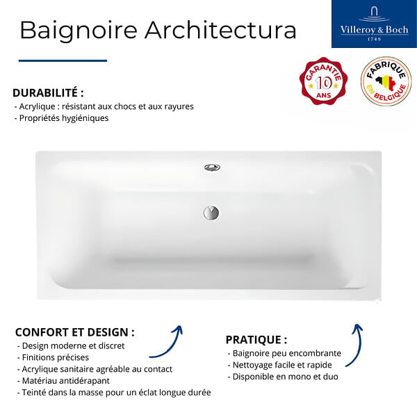 VILLEROY ET BOCH - Baignoire droite Architectura acrylique 170 x 80 cm  + Pare bain droite AURYS Raywall chromé - large