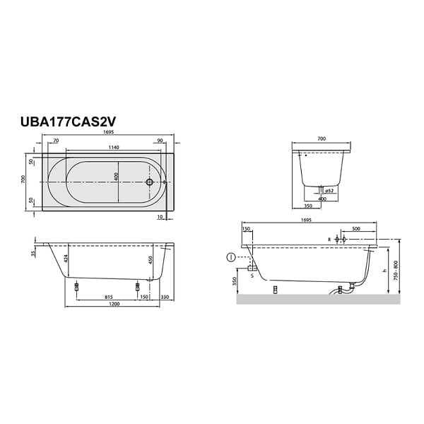 VILLEROY ET BOCH - Baignoire droite O.Novo 170 x 70 cm Blanc + Pare bain droite AURYS Mist 1 chromé - large