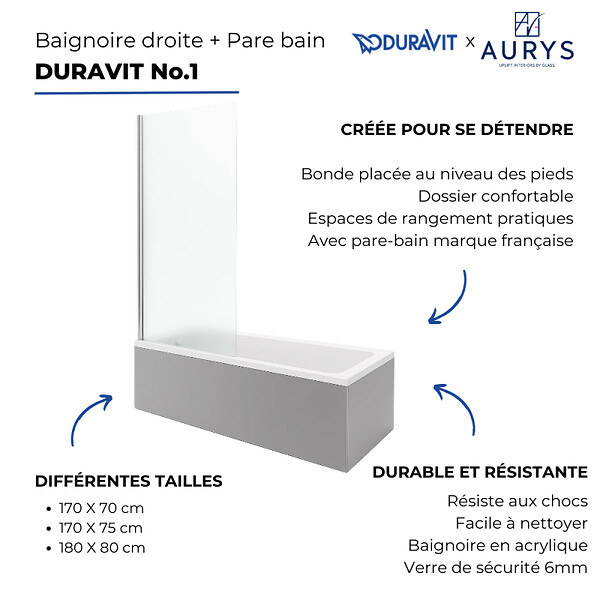DURAVIT - Baignoire droite No.1 180 x 85 cm + Pare Bain gauche AURYS Mist 1 chromé version gauche - large