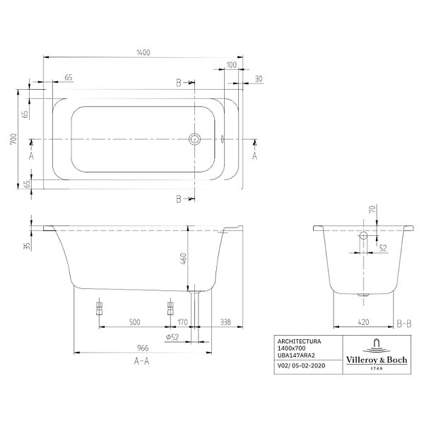 VILLEROY ET BOCH - Baignoire droite Architectura avec pieds acrylique 140 x 70 cm  + Pare bain gauche AURYS Mist 1 chromé - large