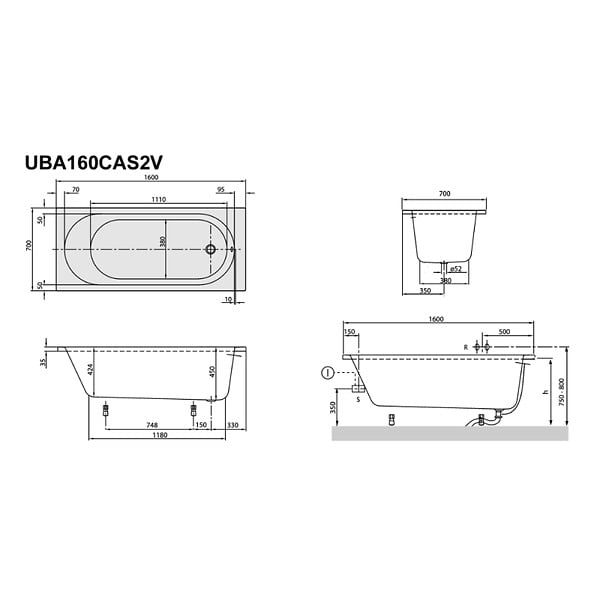 VILLEROY ET BOCH - Baignoire droite O.Novo 160 x 70 cm Blanc + Pare Bain gauche AURYS Mist 1 chromé - large