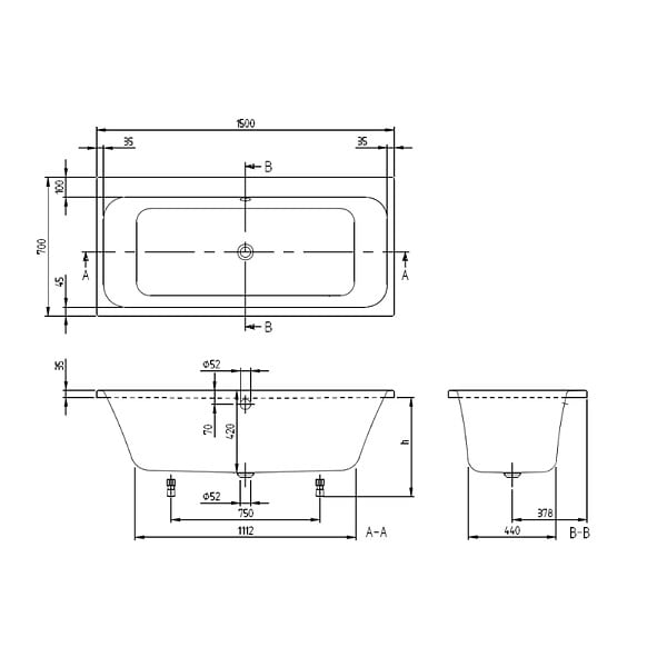 VILLEROY ET BOCH - Baignoire droite Architectura avec pieds 150 x 70 cm Blanc + Pare Bain gauche AURYS Mist 1 chromé - large