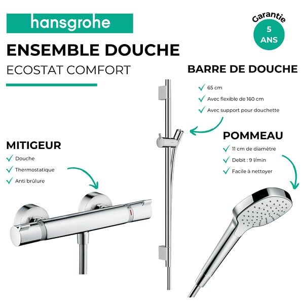 HANSGROHE - Pack mitigeur douche thermostatique Ecostat Comfort + Barre Unica S Puro + flexible + Pommeau Croma Select E chromé - large