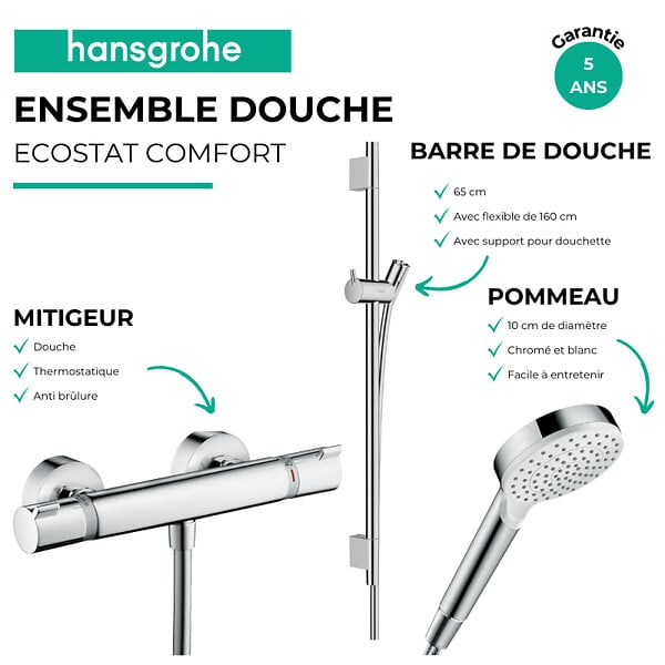 HANSGROHE - Pack mitigeur douche thermostatique Ecostat Comfort + Barre Unica S Puro + flexible + Pommeau Crometta blanc/chromé - large