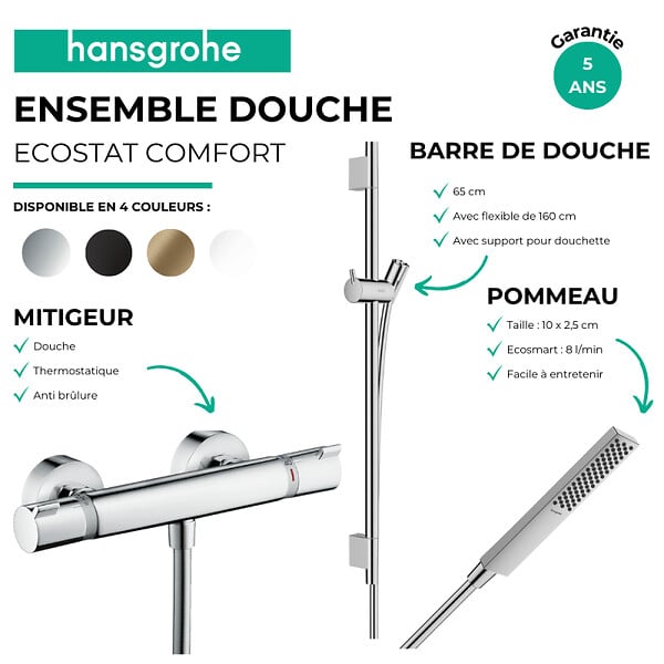 HANSGROHE - Pack mitigeur douche thermostatique Ecostat Comfort + Barre Unica S Puro + flexible + Pommeau Pulsify E chromé - large