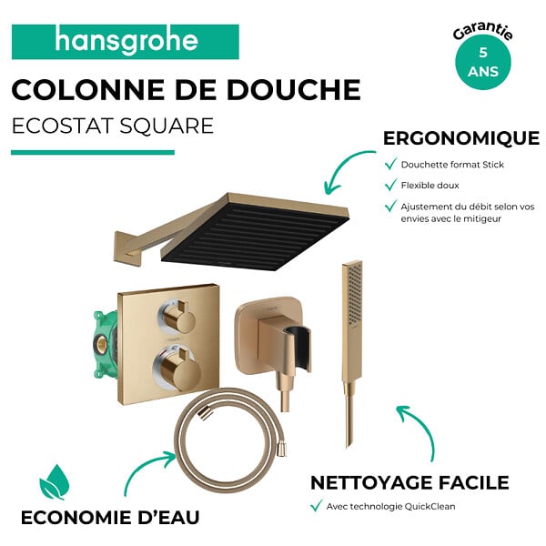 HANSGROHE - Colonne douche thermostatique Ecostat Square Douche de tête Pulsify S Flexible Designflex Douchette Pulsify E  bronze - large