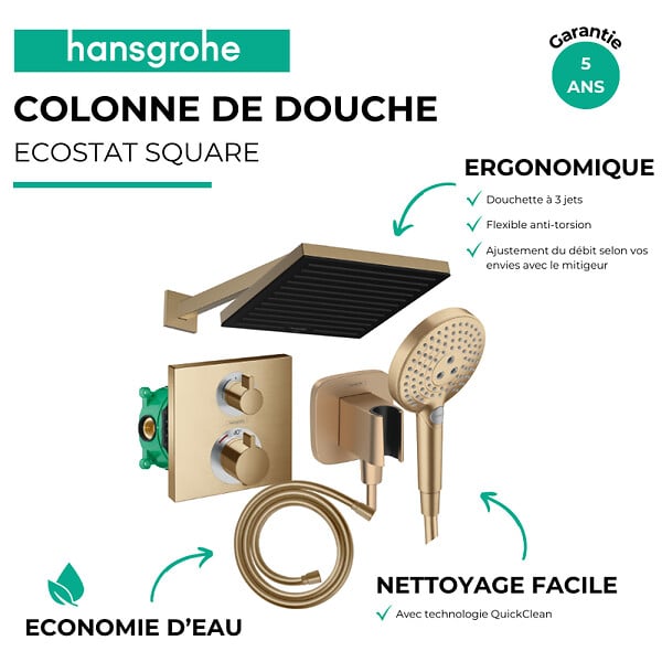 HANSGROHE - Colonne douche thermostatique Ecostat Square Douche de tête PulsifyS Flexible Isiflex Douchette Raindance SelectS bronze - large