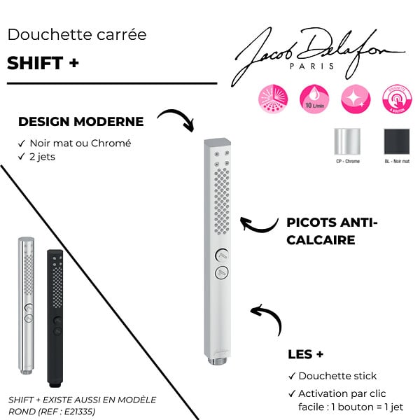 JACOB DELAFON - Pommeau de douche Shift+ carré 2 jets noir mat + flexible - large