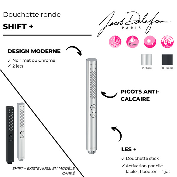 JACOB DELAFON - Pommeau de douche Shift+ rond 2 jets noir mat + flexible + support - large