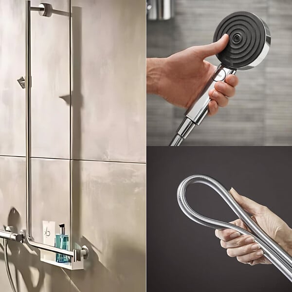 HANSGROHE - Barre de douche PMR Unica 110 avec poignée à droite Chromé + Pommeau de douche Pulsify 3 jets + flexible Isiflex 160cm - large