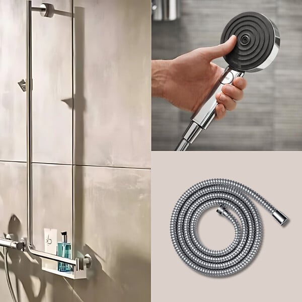 HANSGROHE - Barre de douche PMR Unica 110 avec poignée à droite Chromé + Pommeau de douche Pulsify 3 jets + flexible Metaflex 160cm - large