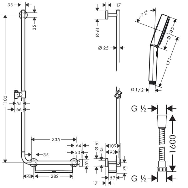 HANSGROHE - Barre de douche PMR Unica 110 avec poignée à droite Chromé + Pommeau de douche Pulsify 3 jets + flexible Metaflex 160cm - large