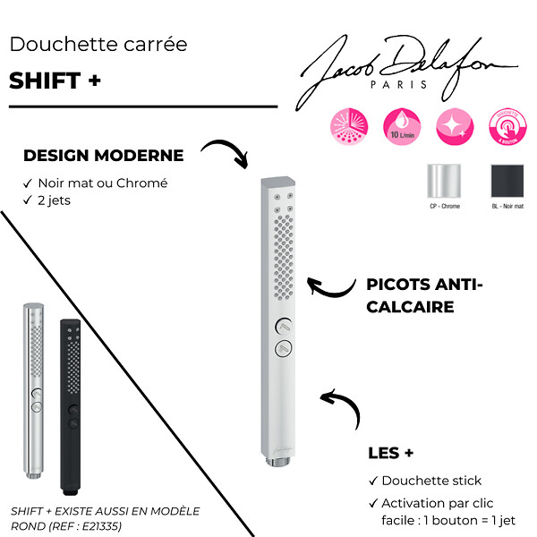 JACOB DELAFON - Pommeau de douche Shift+ carré 2 jets noir mat - large