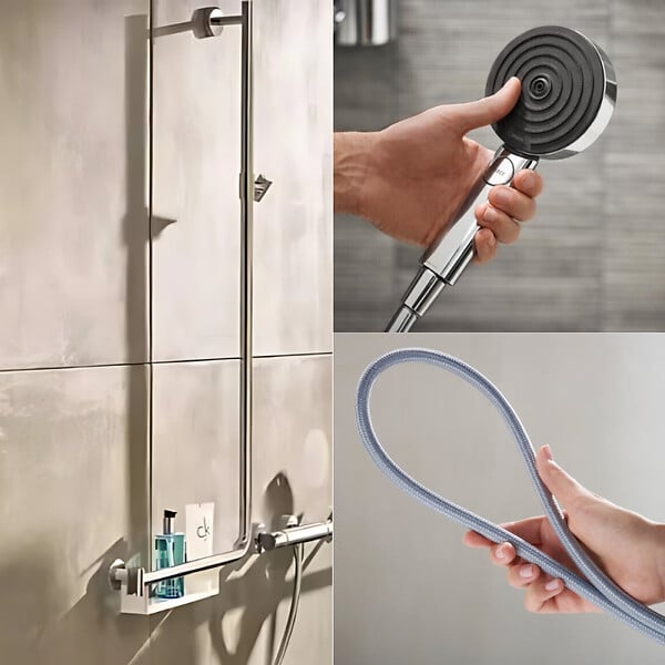 HANSGROHE - Barre de douche PMR Unica 110 poignée à gauche Chromé + Pommeau de douche Pulsify 3 jets + flexible Designflex 160cm - large
