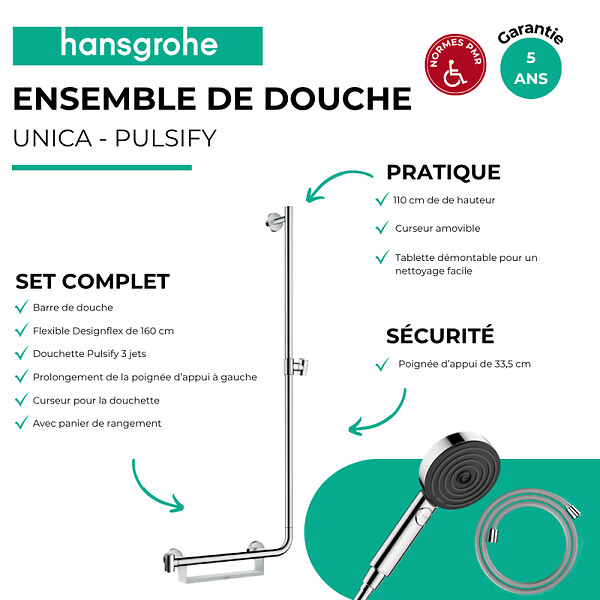 HANSGROHE - Barre de douche PMR Unica 110 poignée à gauche Chromé + Pommeau de douche Pulsify 3 jets + flexible Designflex 160cm - large