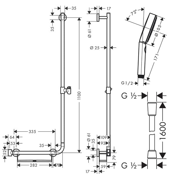 HANSGROHE - Barre de douche PMR Unica 110 poignée à gauche Chromé + Pommeau de douche Pulsify 3 jets + flexible Designflex 160cm - large