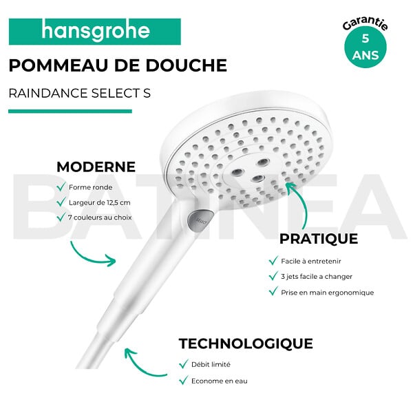 HANSGROHE - Pommeau de douche Raindance Select S EcoSmart 120 3 jets + flexible Designflex 160 cm blanc mat - large