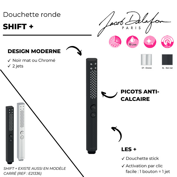 JACOB DELAFON - Pommeau de douche Shift+ rond 2 jets noir mat - large
