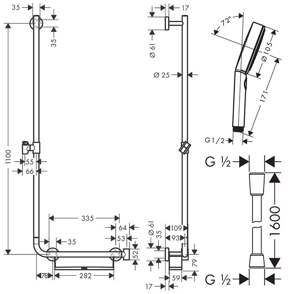 HANSGROHE - Barre de douche PMR Unica 110 poignée à droite Chromé + Pommeau de douche Pulsify 3 jets + flexible Designflex 160cm - large