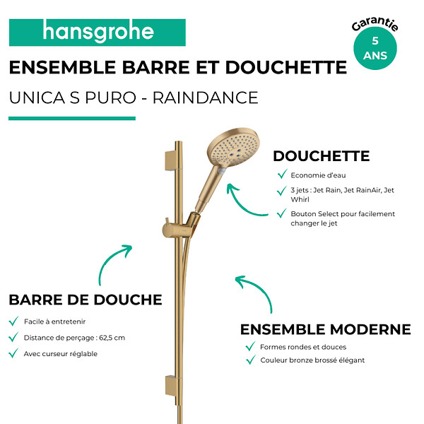 HANSGROHE - Ensemble barre de douche Unica S Puro + Flexible + Pommeau de douche Raindance Select S Bronze Brossé - large