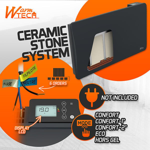 WARM TECH - Radiateur inertie céramique 1500 W - IP24 - Fil pilote 6 ordres. - large