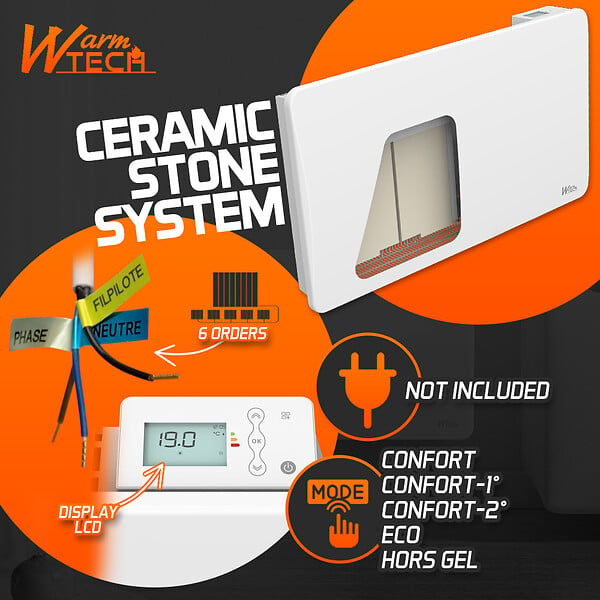 WARM TECH - Radiateur inertie céramique 1500 W - IP24 - Fil pilote 6 ordres. - large