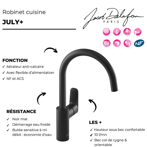 JACOB DELAFON - Robinet cuisine July+ col de cygne et orientable noir mat - large