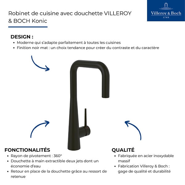 VILLEROY ET BOCH - Robinet de cuisine avec douchette Konic noir mat - large