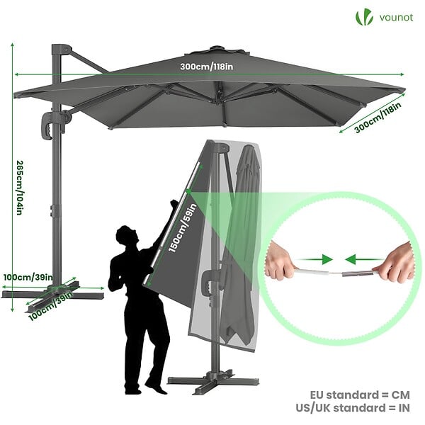 VOUNOT - Parasol deporte inclinable Premium carre avec housse protection 3x3m Gris - large