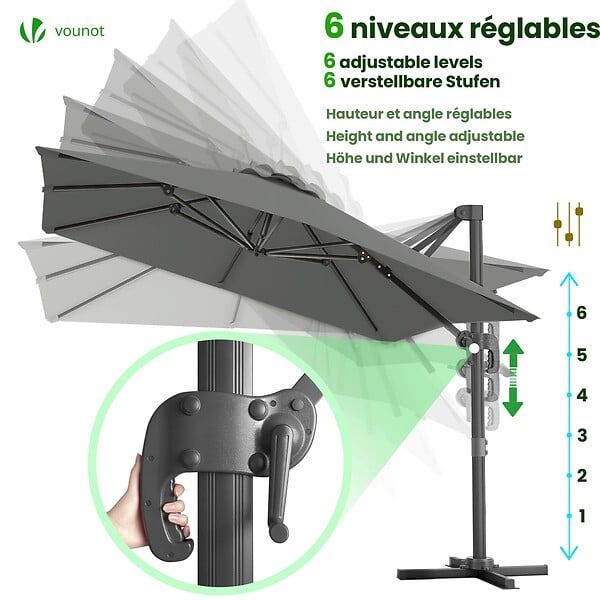 VOUNOT - Parasol deporte inclinable Premium carre avec housse protection 3x3m Gris - large