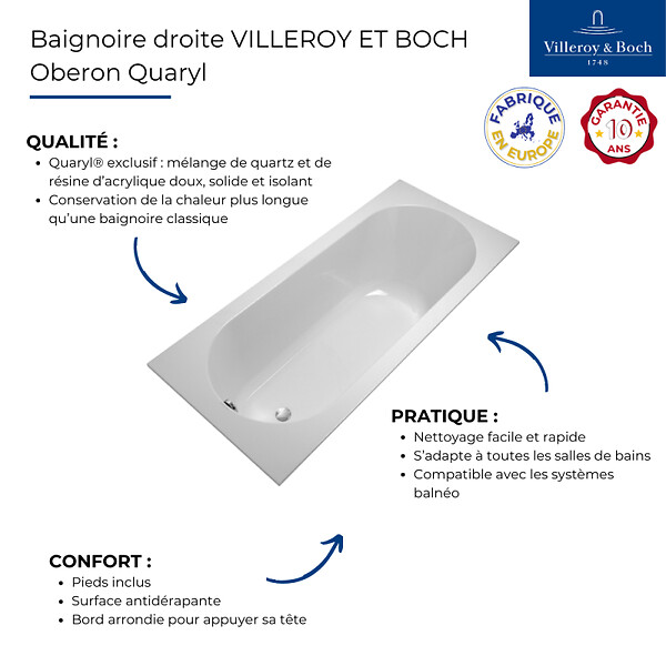VILLEROY ET BOCH - Baignoire droite  Oberon quaryl 180 x 80 cm  + Pare bain droite AURYS Mist 1 chromé - large