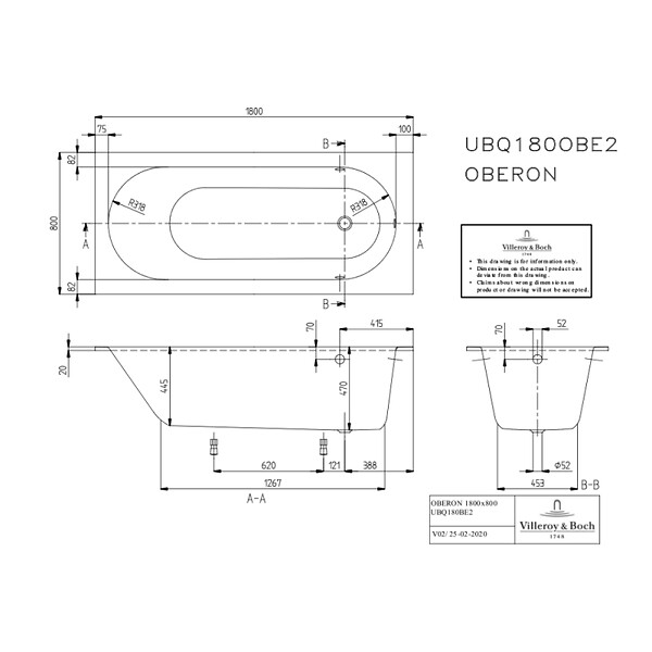 VILLEROY ET BOCH - Baignoire droite  Oberon quaryl 180 x 80 cm  + Pare bain droite AURYS Mist 1 chromé - large