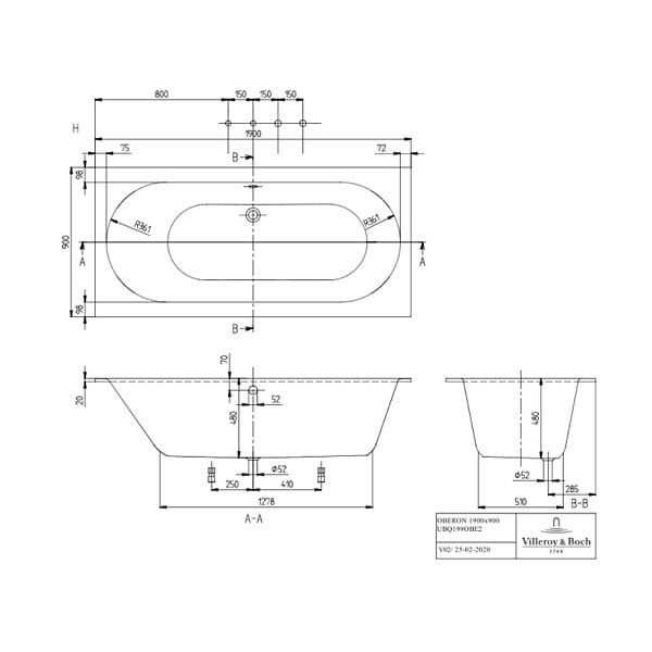 VILLEROY ET BOCH - Baignoire droite  Oberon quaryl 190 x 90 cm  + Pare bain gauche AURYS Mist 1 chromé - large