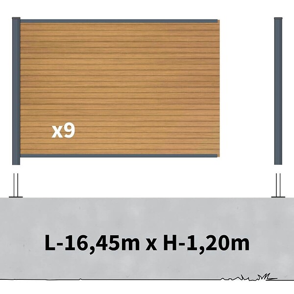 DECKLINEA - Kit clôture composite sur muret poteau sur platines - SANTOS Cèdre H-1,2m - large