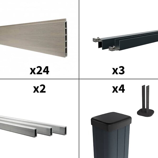 DECKLINEA - Kit clôture composite sur muret poteau sur platines - CRUZ Argent H-1,2m - large