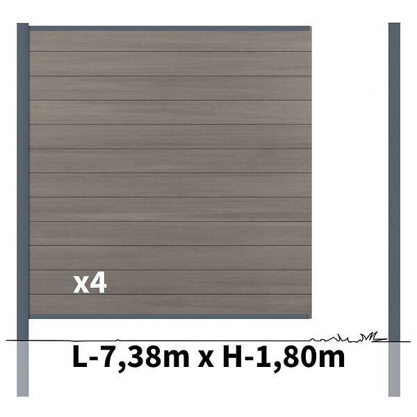 DECKLINEA - Kit clôture composite poteau à sceller - CRUZ Argent H-1,8m - large