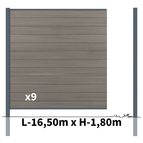 DECKLINEA - Kit clôture composite poteau à sceller - CRUZ Argent H-1,8m - large
