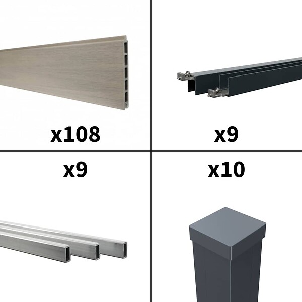 DECKLINEA - Kit clôture composite poteau à sceller - CRUZ Argent H-1,8m - large