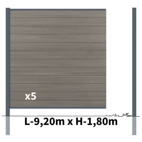 DECKLINEA - Kit clôture composite poteau à sceller - CRUZ Argent H-1,8m - large