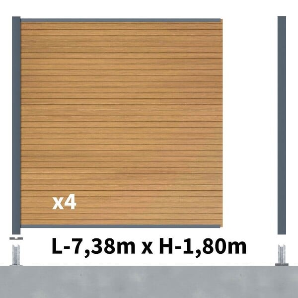 DECKLINEA - Kit clôture composite poteau sur platines - SANTOS Cèdre H-1,8m - large