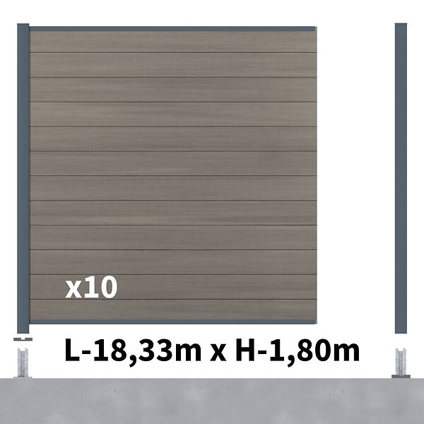 DECKLINEA - Kit clôture composite poteau sur platines - CRUZ Argent H-1,8m - large