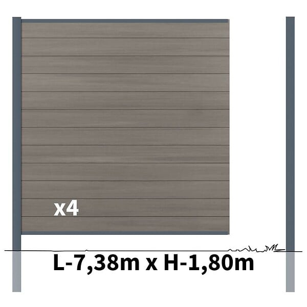 DECKLINEA - Kit clôture composite poteau à sceller - CRUZ Argent H-1,8m - large