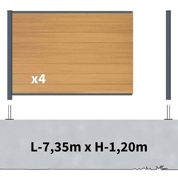 DECKLINEA - Kit clôture composite sur muret poteau sur platines - CRUZ Cèdre H-1,2m - large