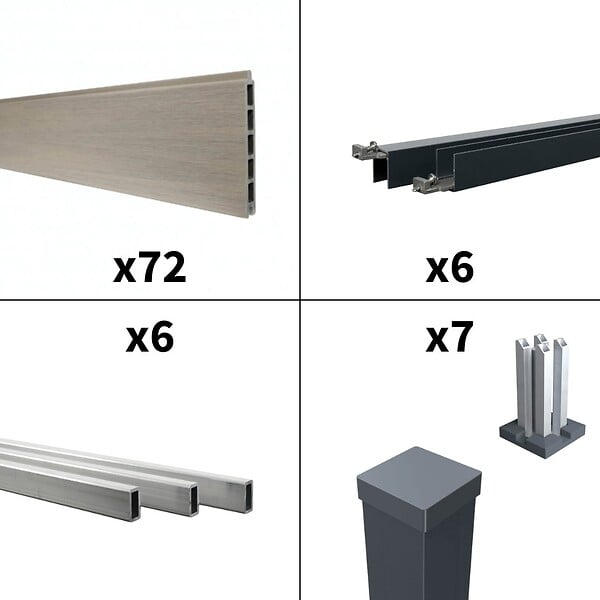 DECKLINEA - Kit clôture composite poteau sur platines - CRUZ Argent H-1,8m - large