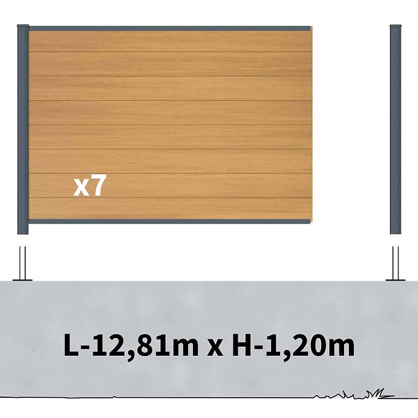 DECKLINEA - Kit clôture composite sur muret poteau sur platines - CRUZ Cèdre H-1,2m - large